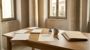 Ανοιχτό σημειωματάριο και οργανωμένα έγγραφα επάνω σε γραφείο με πέτρινους κίονες στο βάθος