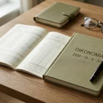 Χάρτινη κατάσταση λογαριασμού, στυλό και κλειστό σημειωματάριο σε ξύλινο γραφείο