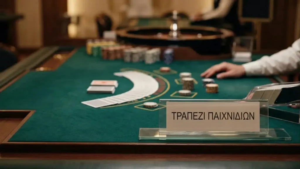 Τραπέζι καζίνο με χαρτιά, μάρκες και απαλά φωτισμένο χώρο στο βάθος