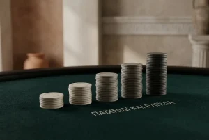 Πέντε μικρές στοίβες από μάρκες καζίνο διαφορετικού ύψους πάνω σε σκούρο τραπέζι
